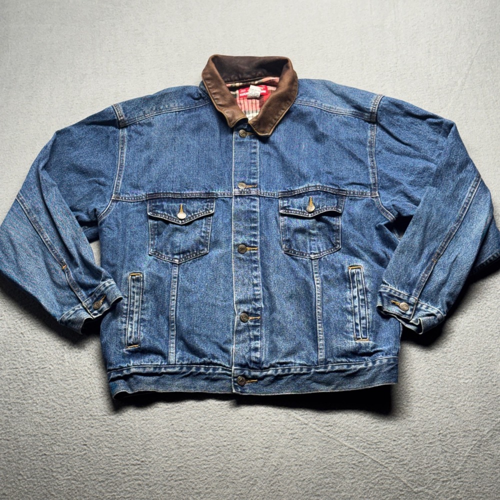 Marlboro Country Store Denim Jacket XL Blue Leather Collar Flannel Lined Vintage